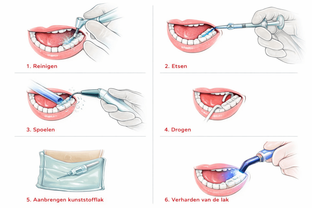Illustratie van het sealen van kiezen bij de tandarts stap voor stap: reinigen, etsen, spoelen, drogen, aanbrengen van sealant en uitharden met lamp